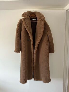 Mango Plush Teddy Faux Shearling Coat in Camel Brown